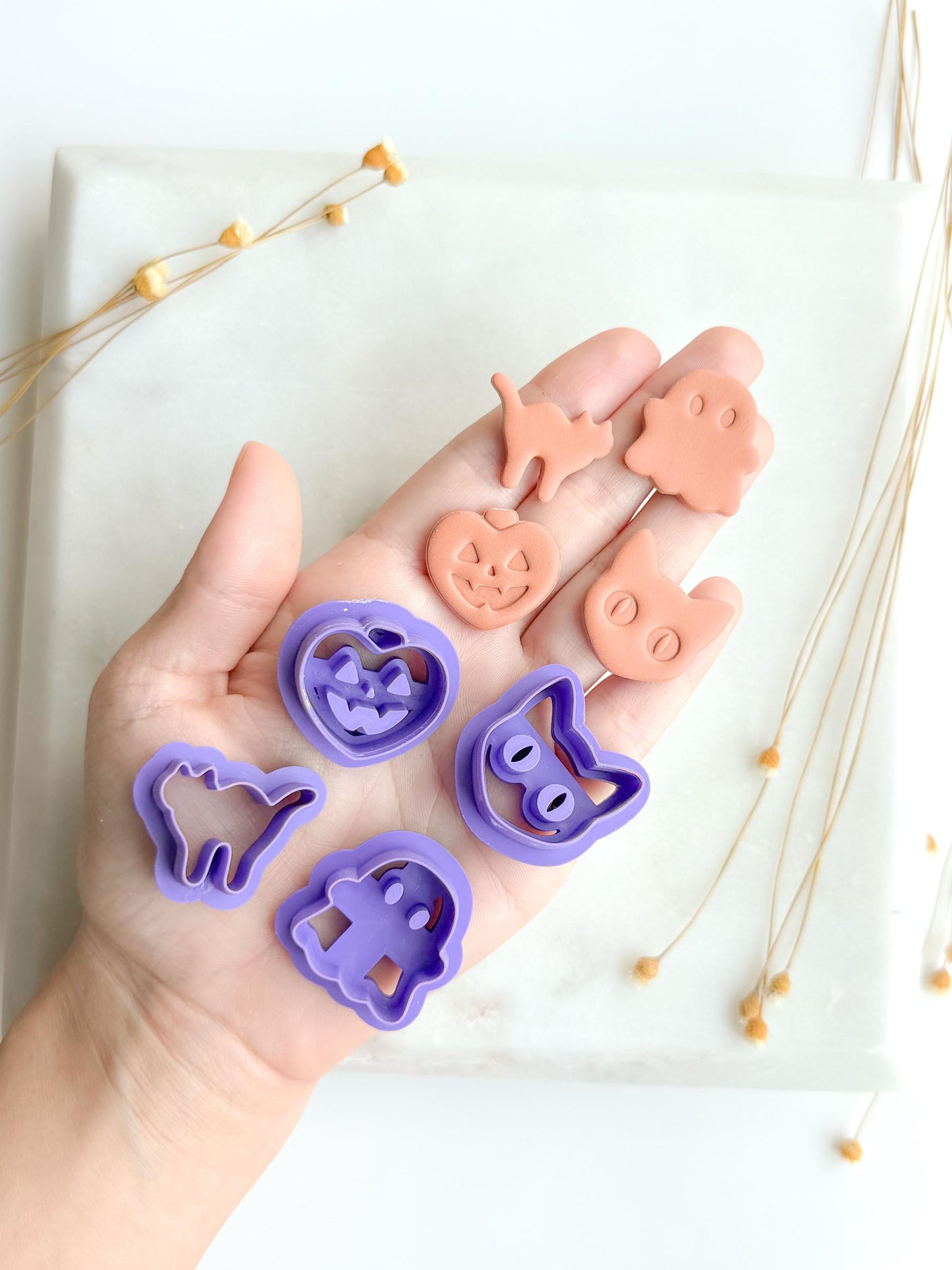 Spooky Halloween Animal Polymer Clay Cutter Set | Ghost, Black Cat, Pumpkin, Bat Clay Cutters | 3D Printed Embossed Cutters