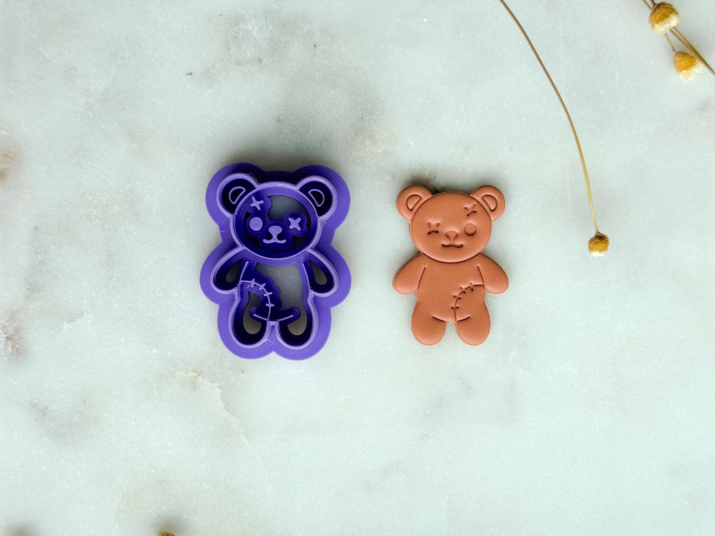 Spooky Teddy Bear Polymer Clay Cutter | Stitched Creepy Cute Bear Clay Cutter | 3D Printed Embossed Cutter for Jewelry & Crafts