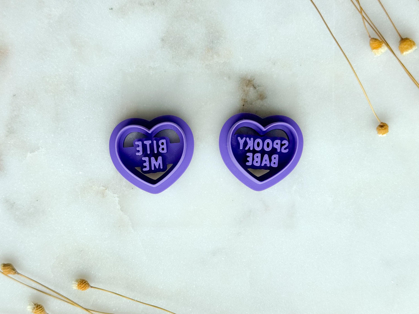 Spooky Conversation Heart Polymer Clay Cutter Set | “Bite Me” & “Spooky Babe” Heart Cutters | 3D Printed Embossed Clay Cutters