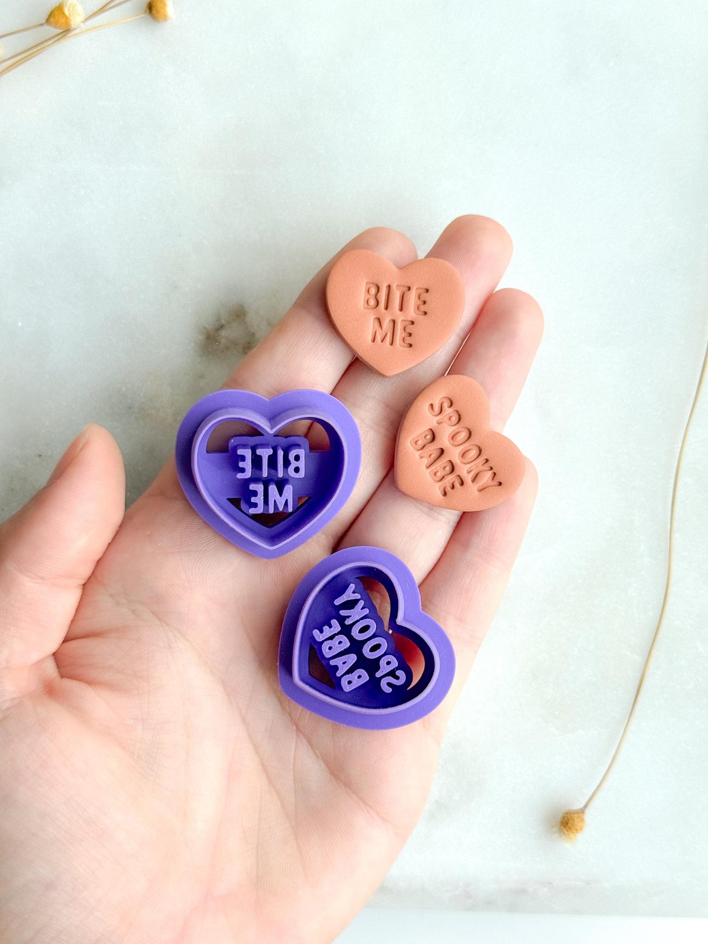 Spooky Conversation Heart Polymer Clay Cutter Set | “Bite Me” & “Spooky Babe” Heart Cutters | 3D Printed Embossed Clay Cutters
