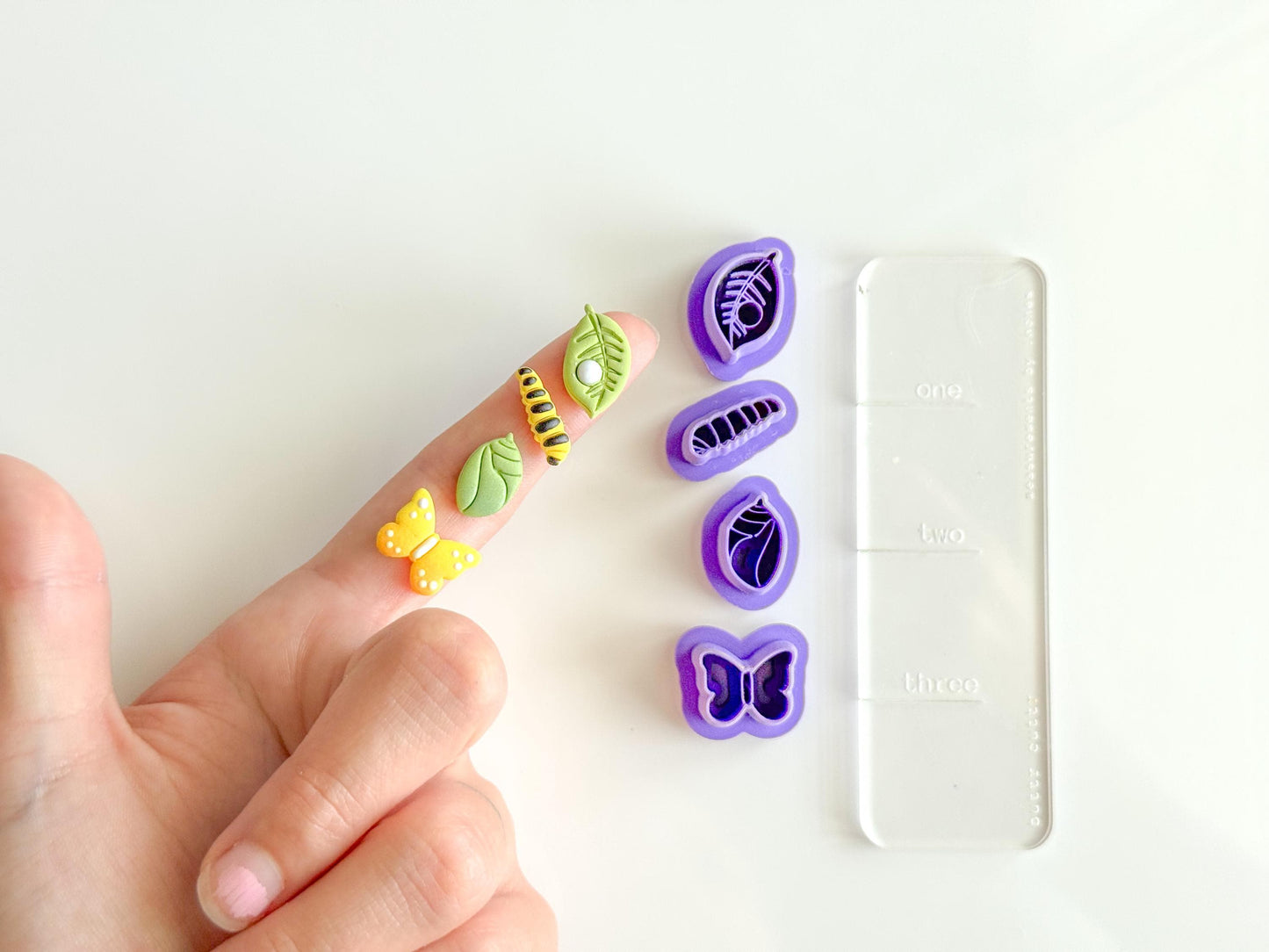 Butterfly Life Cycle Clay Cutter Set β 3D Printed Polymer Clay Tools β Caterpillar, Cocoon, Leaf & Butterfly Cutters