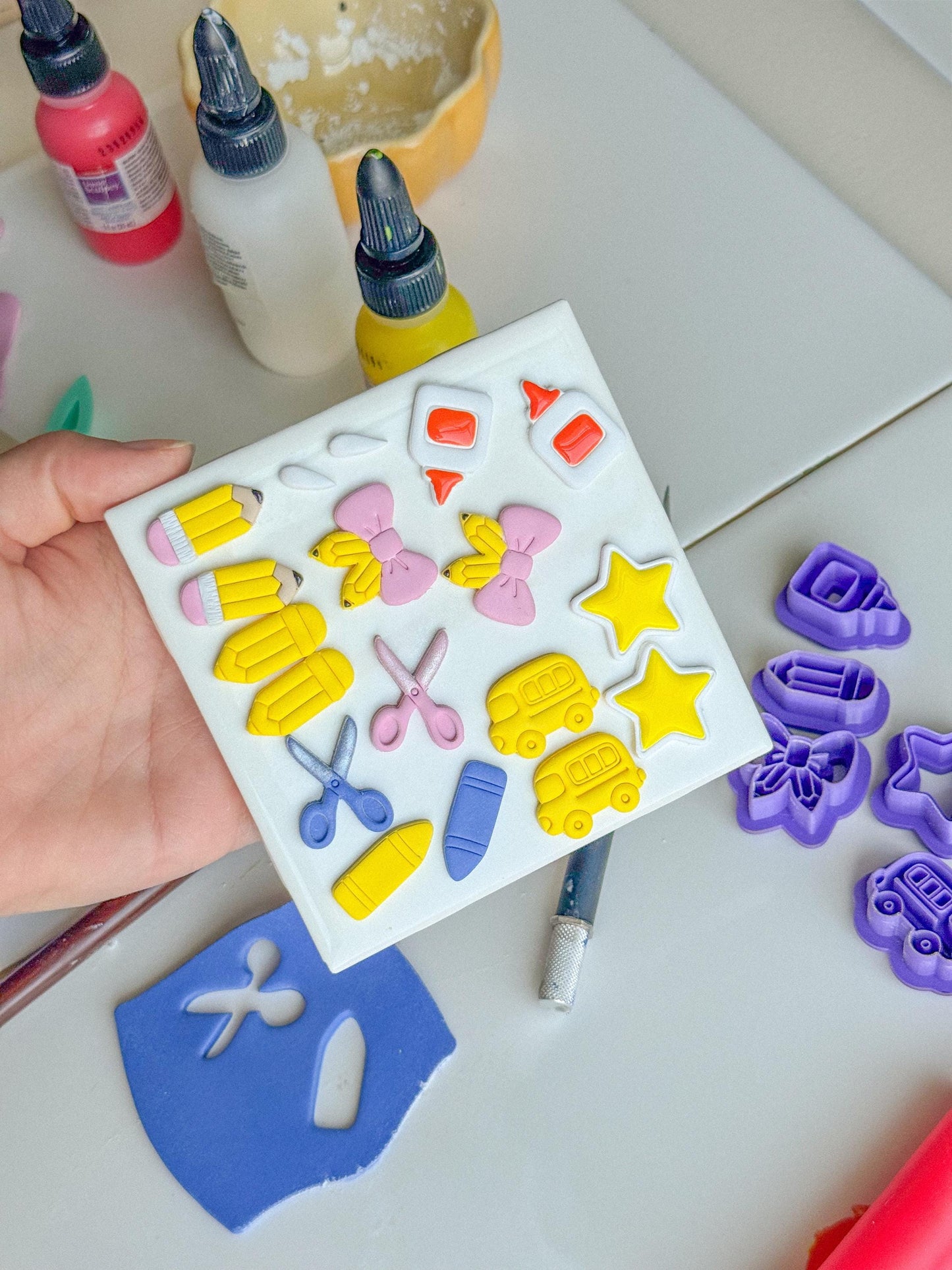 Back-to-School Polymer Clay Cutter Set | Mini School Supply Cutters | 3D Printed Embossed Cutters | Individual or Full Set