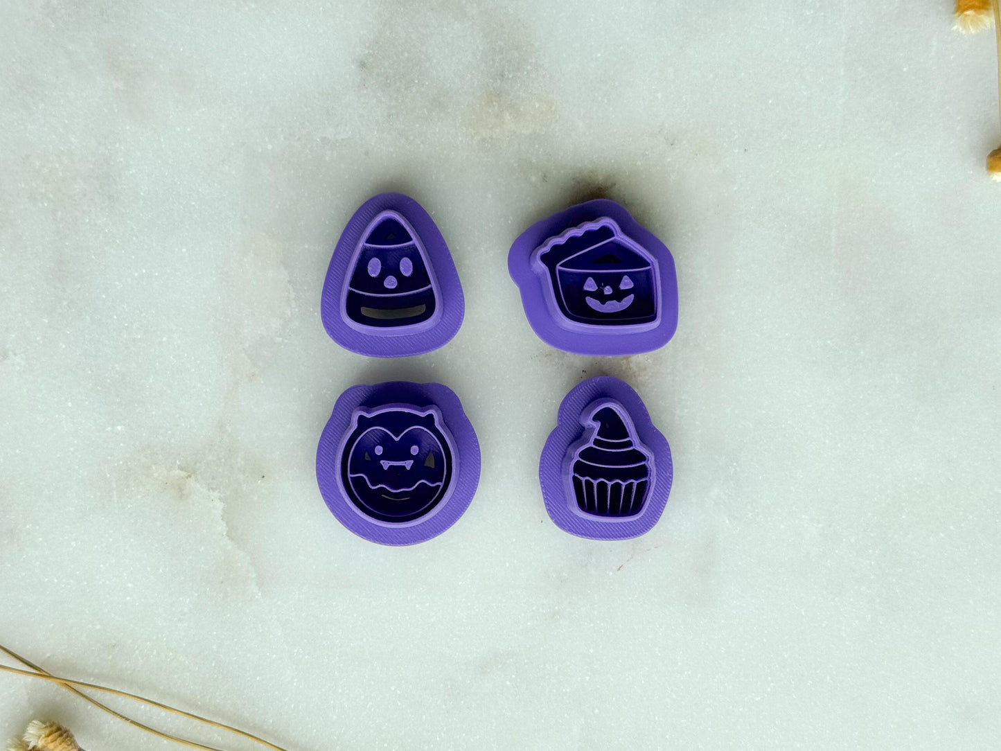 Spooky Halloween Treats Polymer Clay Cutter Set | Candy Corn, Pumpkin Pie, Bat, Cupcake Clay Cutters | 3D Printed Embossed Cutters