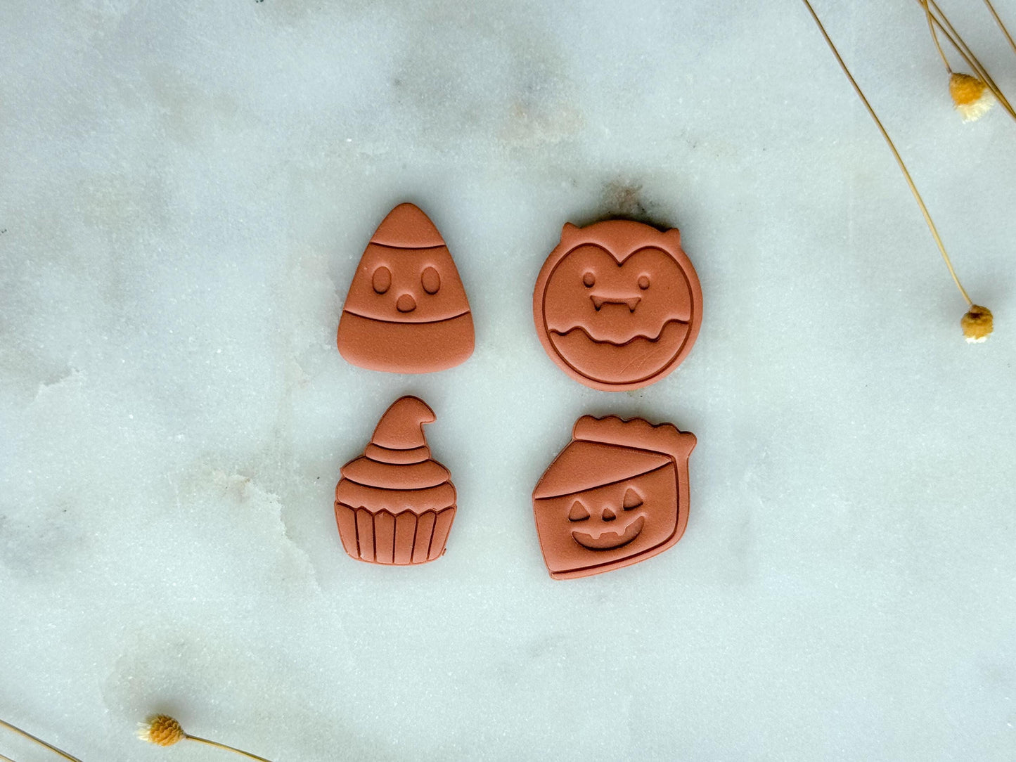 Spooky Halloween Treats Polymer Clay Cutter Set | Candy Corn, Pumpkin Pie, Bat, Cupcake Clay Cutters | 3D Printed Embossed Cutters