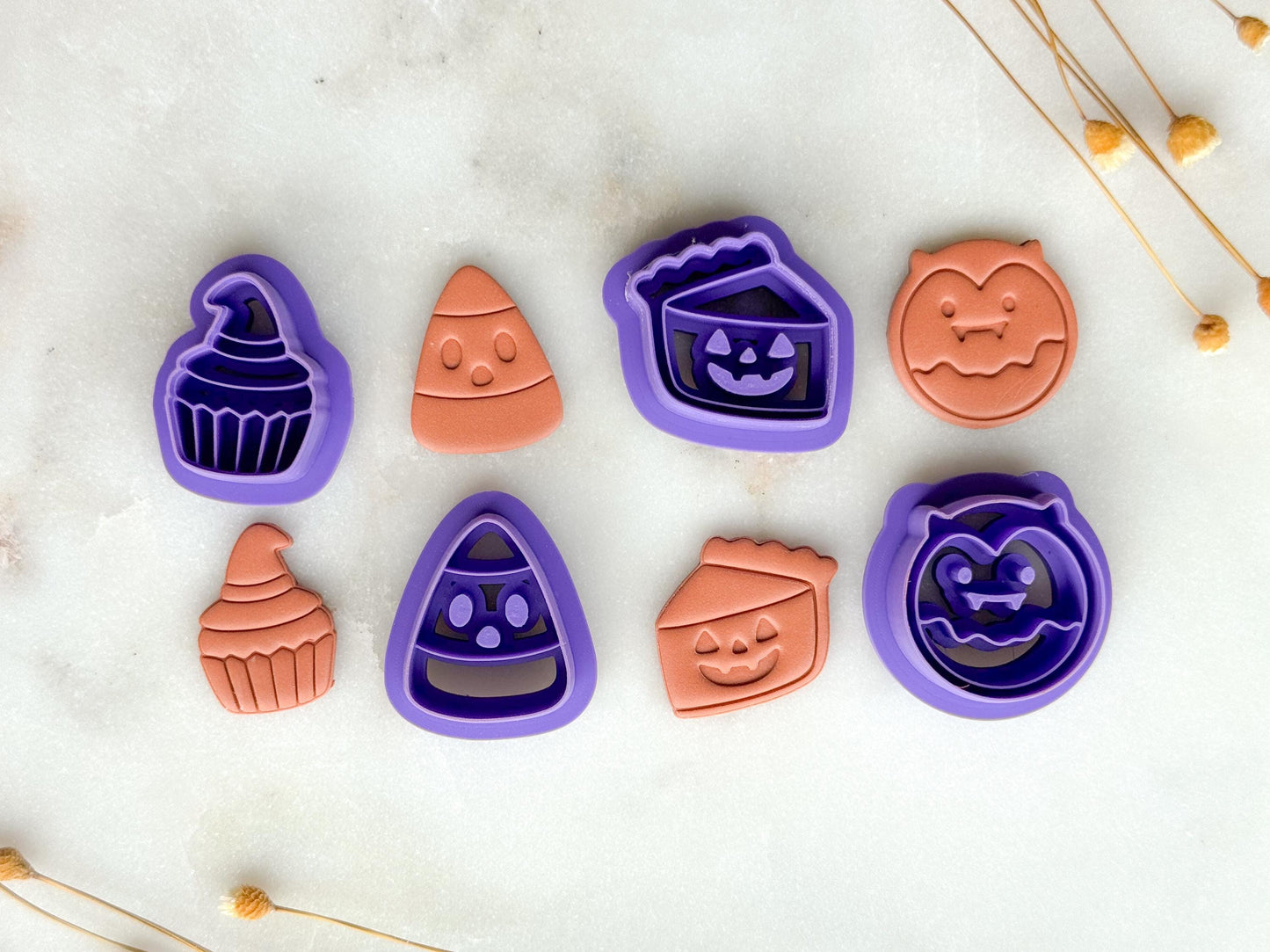 Spooky Halloween Treats Polymer Clay Cutter Set | Candy Corn, Pumpkin Pie, Bat, Cupcake Clay Cutters | 3D Printed Embossed Cutters