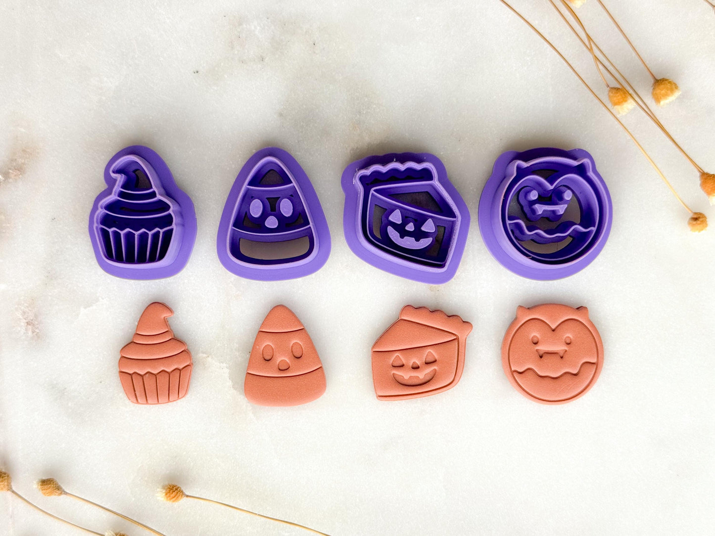Spooky Halloween Treats Polymer Clay Cutter Set | Candy Corn, Pumpkin Pie, Bat, Cupcake Clay Cutters | 3D Printed Embossed Cutters