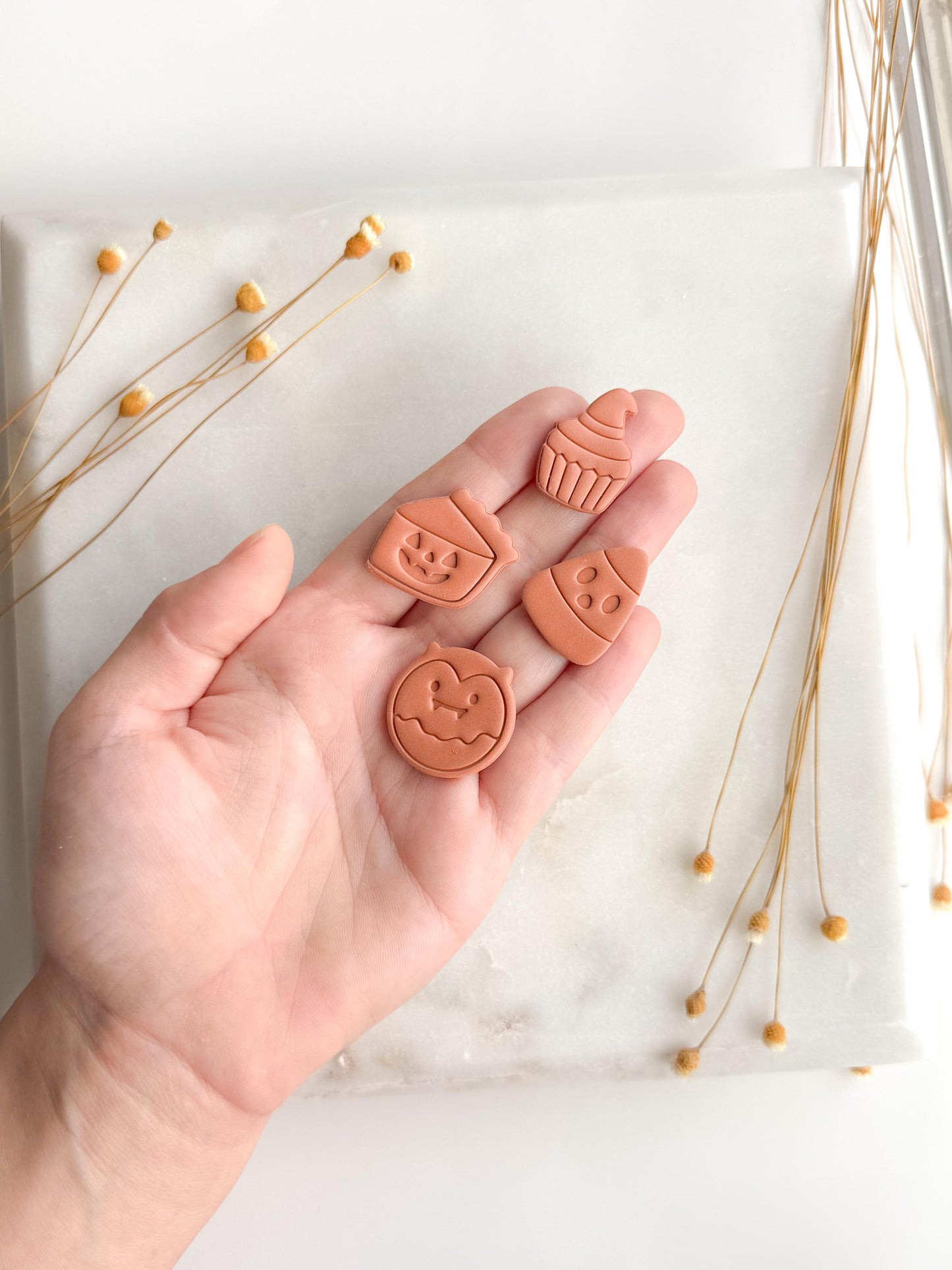 Spooky Halloween Treats Polymer Clay Cutter Set | Candy Corn, Pumpkin Pie, Bat, Cupcake Clay Cutters | 3D Printed Embossed Cutters