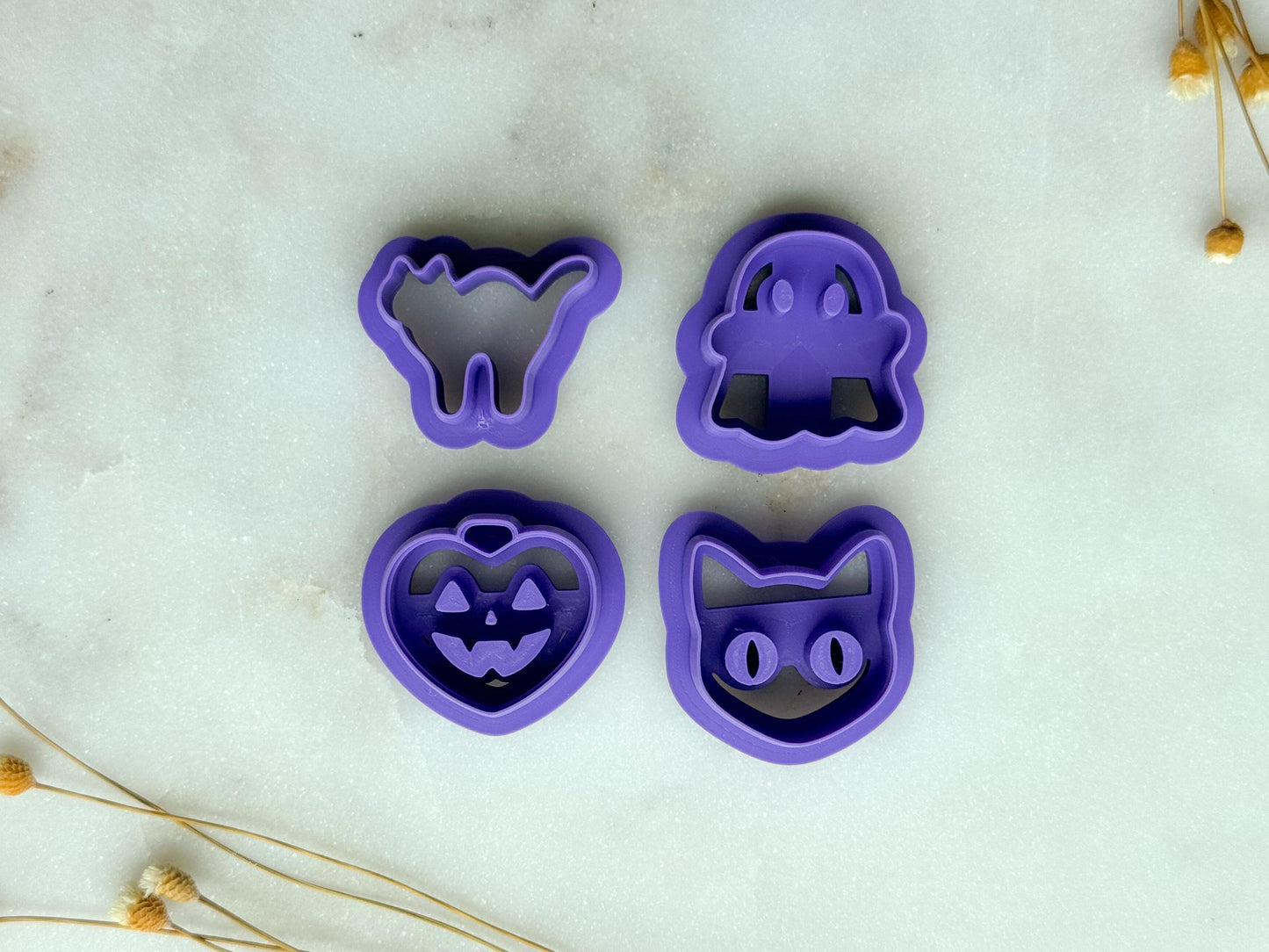 Spooky Halloween Animal Polymer Clay Cutter Set | Ghost, Black Cat, Pumpkin, Bat Clay Cutters | 3D Printed Embossed Cutters