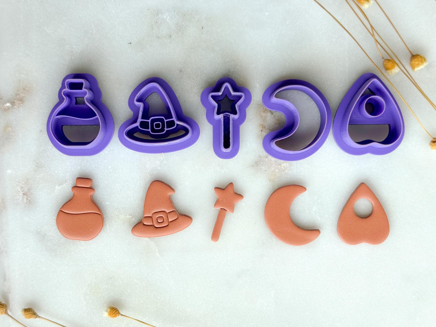 Witchy Magic Polymer Clay Cutter Set | Spellbook, Potion, Witch Hat, Moon, Wand Clay Cutters | 3D Printed Cutters for Jewelry & Crafts