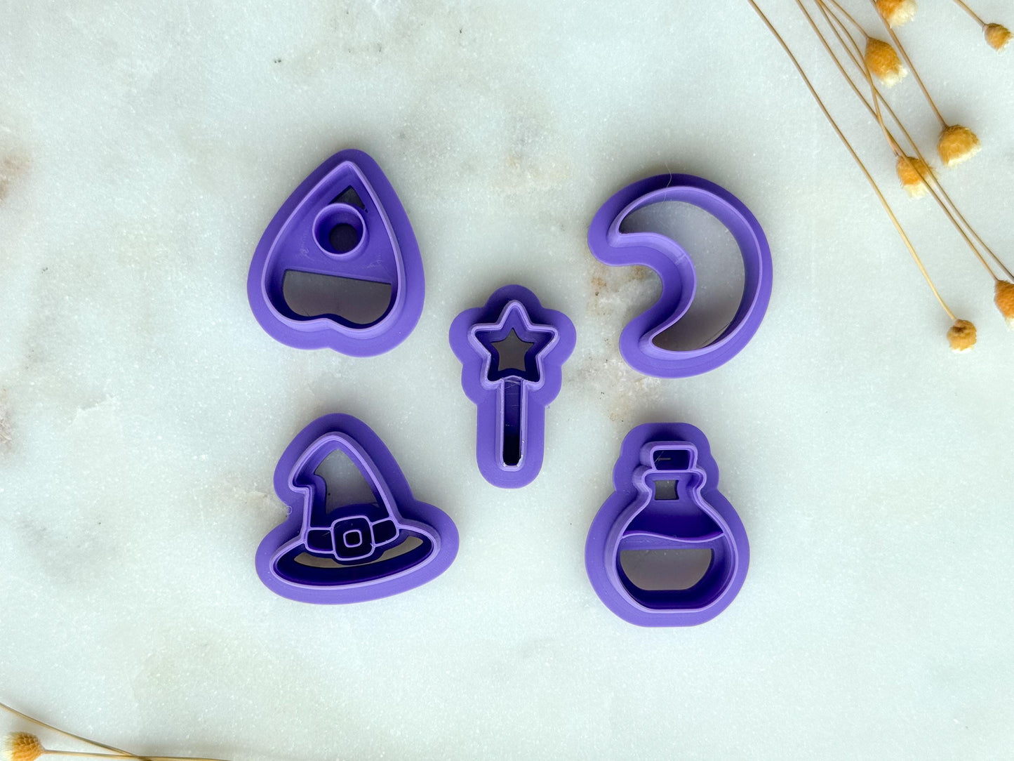 Witchy Magic Polymer Clay Cutter Set | Spellbook, Potion, Witch Hat, Moon, Wand Clay Cutters | 3D Printed Cutters for Jewelry & Crafts
