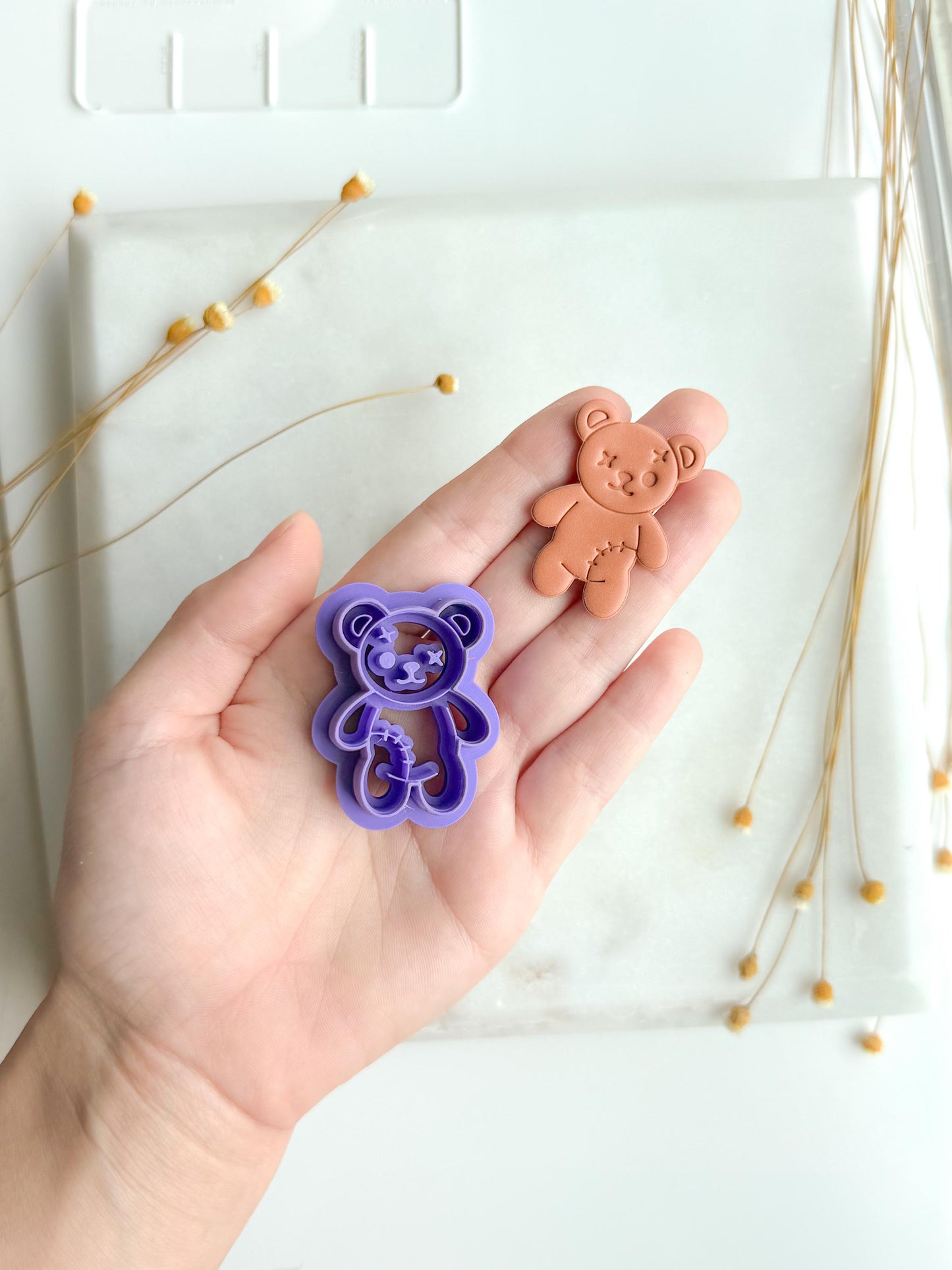 Spooky Teddy Bear Polymer Clay Cutter | Stitched Creepy Cute Bear Clay Cutter | 3D Printed Embossed Cutter for Jewelry & Crafts