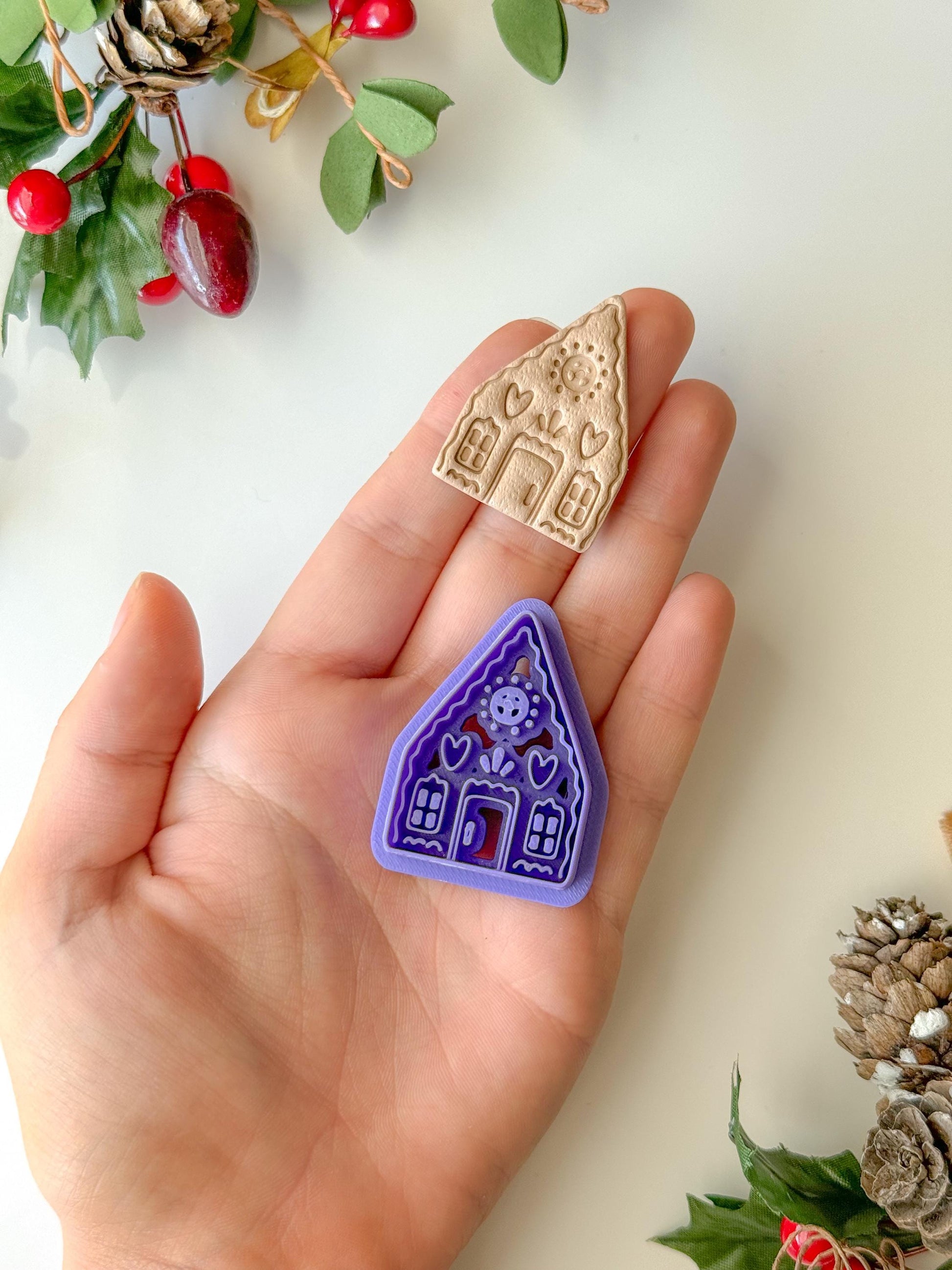 Folk gingerbread house Clay Cutter, Two Size Options, Earrings or Ornament, Christmas Clay cutter, Winter clay cutter