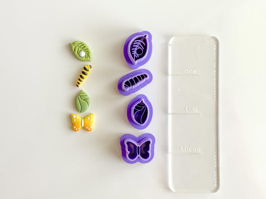 Butterfly Life Cycle Clay Cutter Set – 3D Printed Polymer Clay Tools – Caterpillar, Cocoon, Leaf & Butterfly Cutters