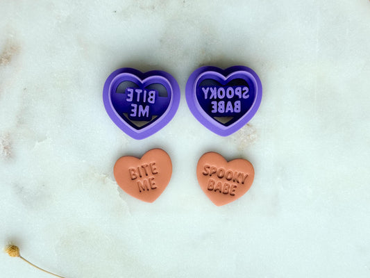 Spooky Conversation Heart Polymer Clay Cutter Set | “Bite Me” & “Spooky Babe” Heart Cutters | 3D Printed Embossed Clay Cutters