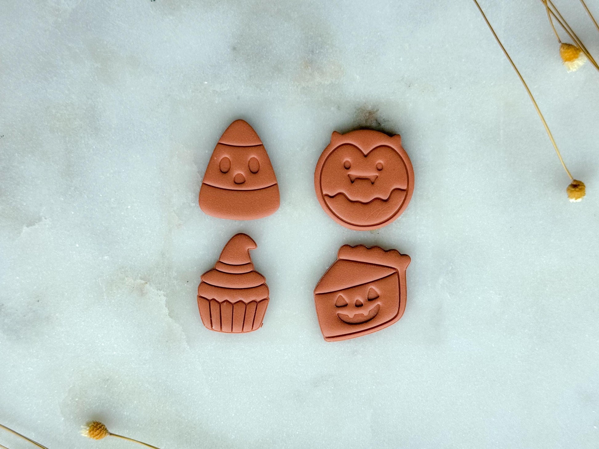 Spooky Halloween Treats Polymer Clay Cutter Set | Candy Corn, Pumpkin Pie, Bat, Cupcake Clay Cutters | 3D Printed Embossed Cutters