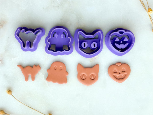 Spooky Halloween Animal Polymer Clay Cutter Set | Ghost, Black Cat, Pumpkin, Bat Clay Cutters | 3D Printed Embossed Cutters