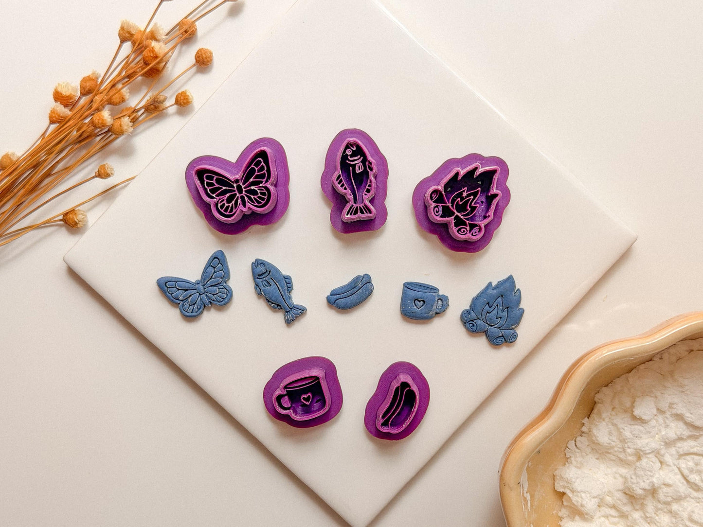 Camping Clay Cutter Bundle: Butterfly, Fish, Hot Dog, Mug, Campfire, Stud size, buttr cuttr