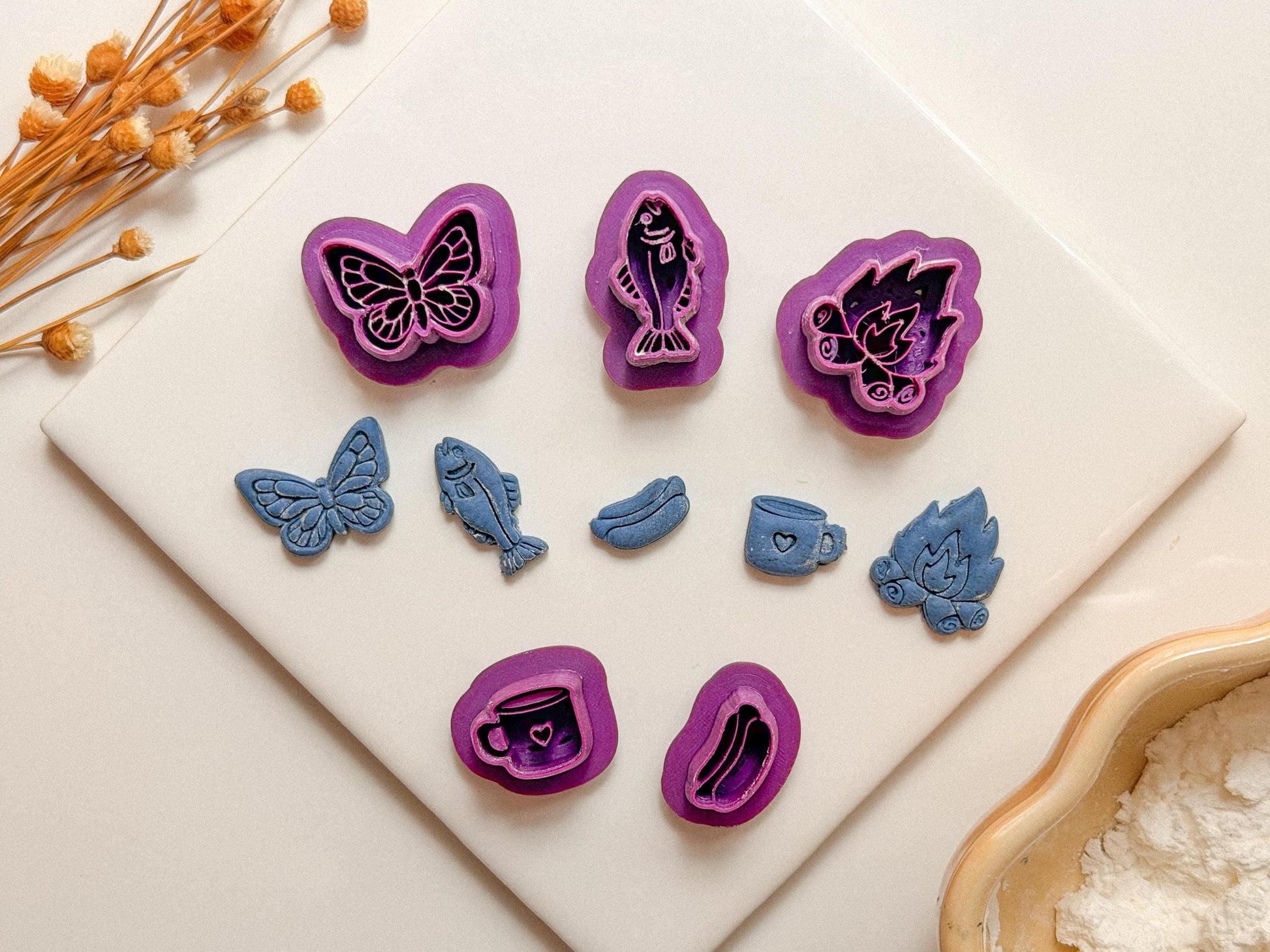 Camping Clay Cutter Bundle: Butterfly, Fish, Hot Dog, Mug, Campfire, Stud size, buttr cuttr